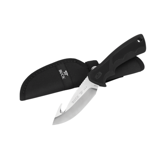 A black fixed-blade knife with a silver blade, shown partially sheathed in a black textured sheath. The brand 'BLACK' is printed on the sheath.