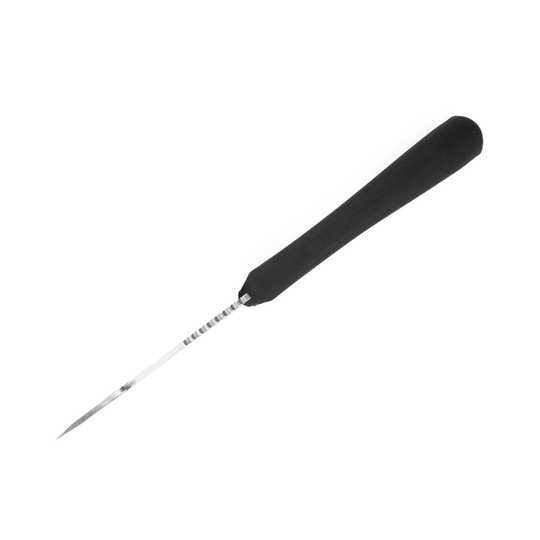 Knife with black handle and visible branding on a white background