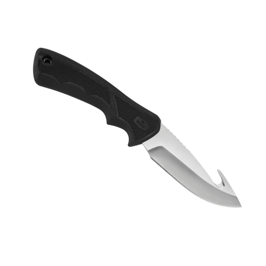 A fixed-blade knife with a textured black handle and a silver steel blade featuring a hook-like point on the cutting edge, shown against a plain white background.