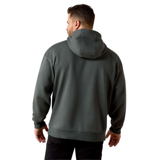 Man wearing a dark gray hoodie from behind on a white background