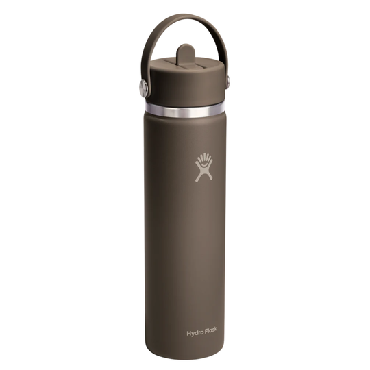 A Hydro Flask insulated water bottle in a matte dark brown color, featuring a matching brown lid with a carry loop and a silver stainless steel band near the top.