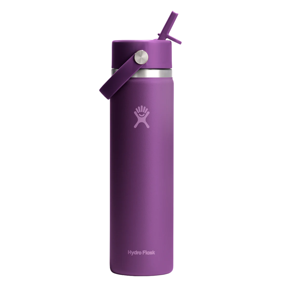 A purple Hydro Flask insulated water bottle with a matching purple flip-straw lid and carrying loop, shown on a plain white background.
