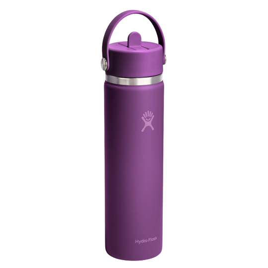 A purple Hydro Flask insulated water bottle with a matching purple lid and carrying loop, featuring a silver metallic band and the Hydro Flask logo on a white background.