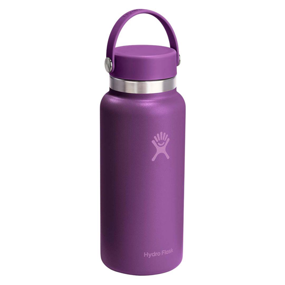 A purple Hydro Flask insulated water bottle with a matching purple lid and handle, featuring a silver band and the Hydro Flask logo on a white background.