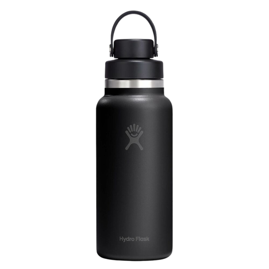 A matte black Hydro Flask water bottle with a matching black lid and carrying loop, featuring the embossed Hydro Flask logo and brand name on the front, set against a plain white background.