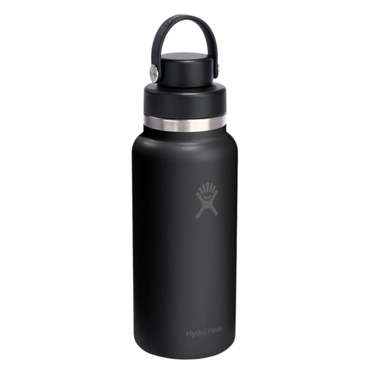 A matte black Hydro Flask insulated water bottle with a matching black lid and carry loop, featuring a silver stainless steel band and the Hydro Flask logo, shown on a plain white background.