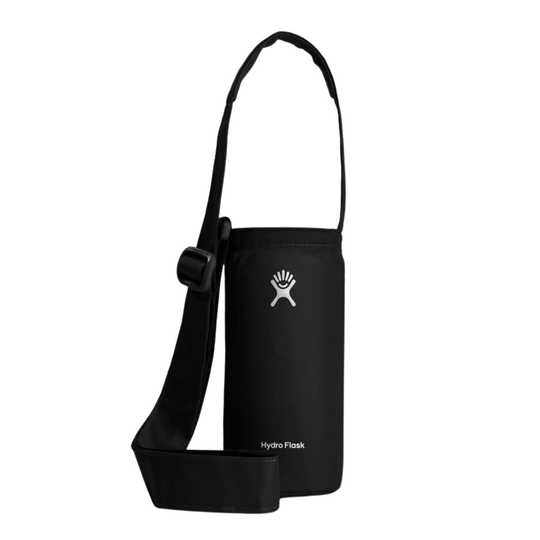 A black Hydro Flask bottle carrier bag with an adjustable shoulder strap and a white logo, shown on a plain white background.