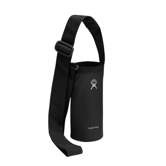Black Hydro Flask insulated bottle holder with strap on a white background