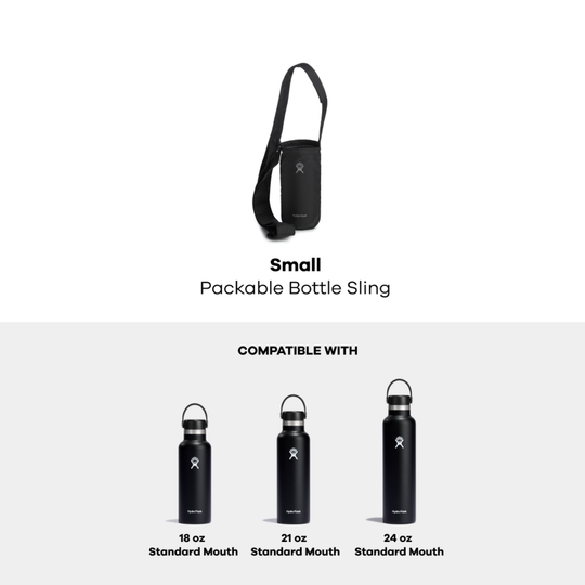 A black packable bottle sling shown above a compatibility section labeled 'COMPATIBLE WITH,' with three black water bottles labeled 18 oz, 21 oz, and 24 oz Standard Mouth below.
