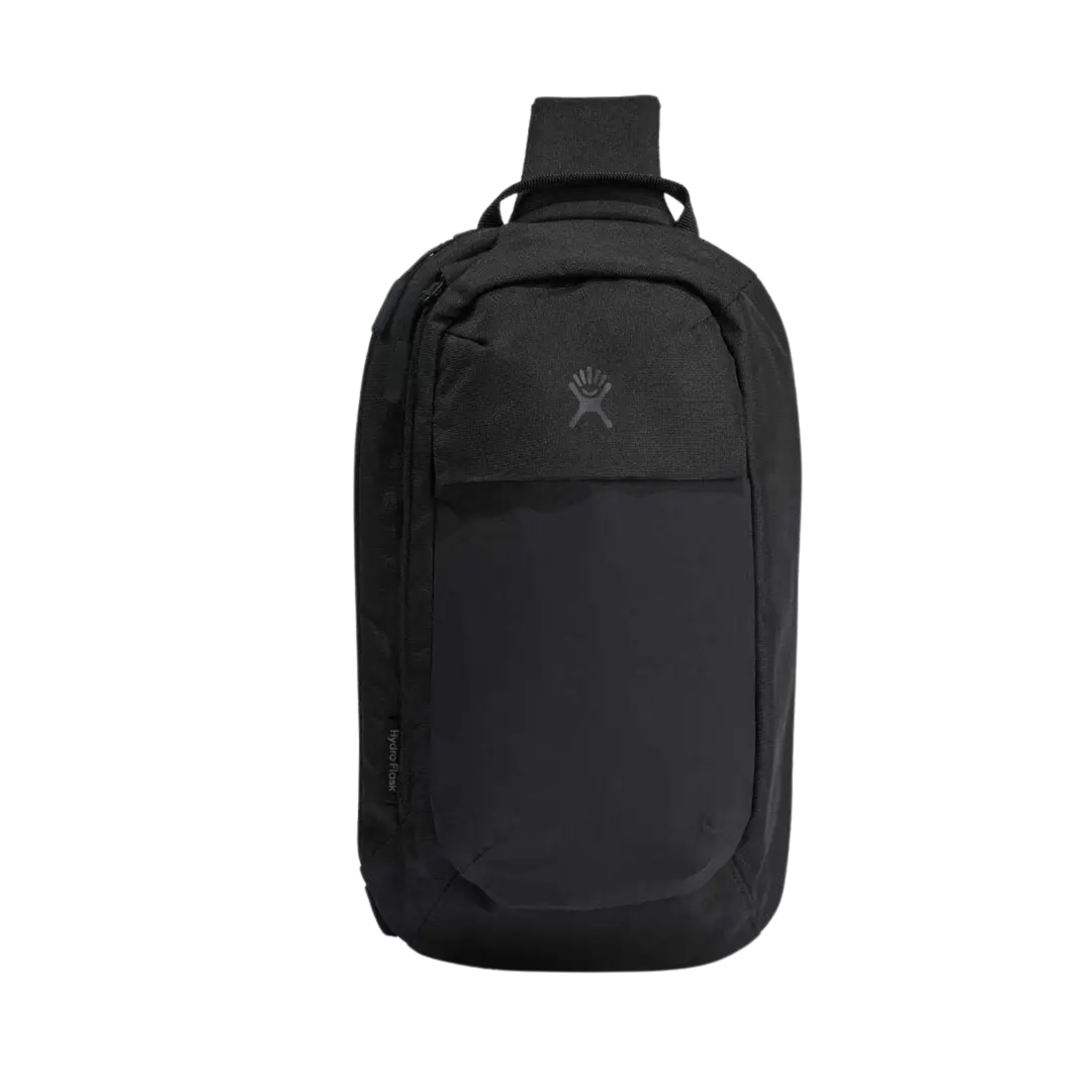 A black Hydro Flask sling backpack shown from the front on a solid white background.