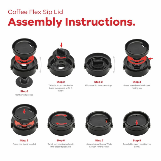 Assembly instructions for a Coffee Flex Sip Lid on a white background