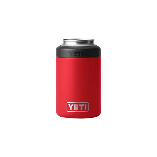 A red YETI can cooler sleeve holding a silver aluminum can, shown against a plain white background.