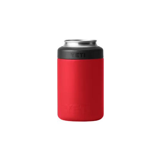 A red YETI can cooler sleeve holding a silver aluminum can, centered on a plain white background.