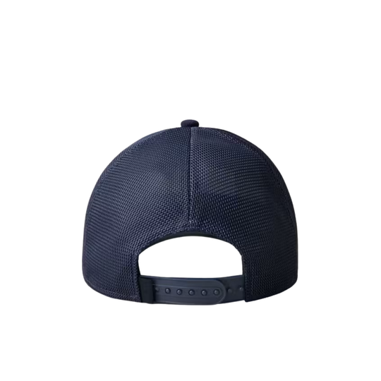 The back view of a dark navy blue mesh baseball cap with an adjustable snapback closure, shown on a plain white background.