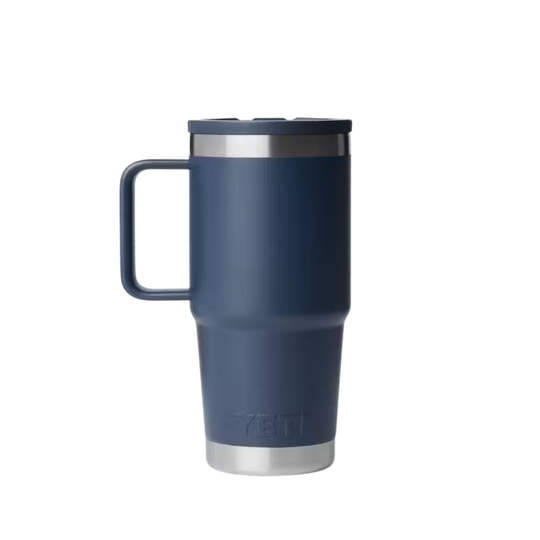 A navy blue YETI travel mug with a matching lid and handle, featuring a stainless steel rim and base, shown on a plain white background.