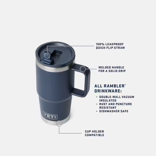 Blue YETI mug with features highlighted on a white background