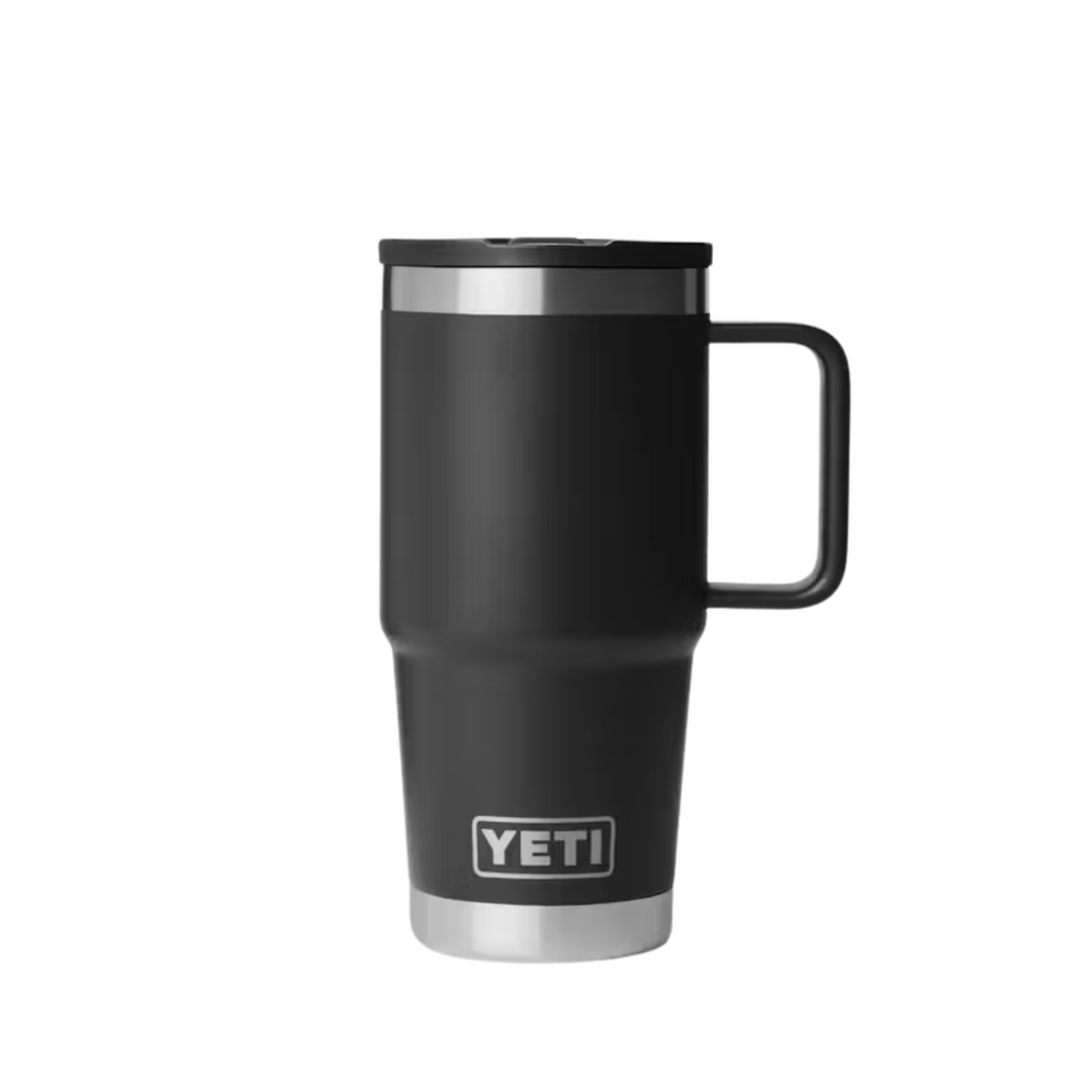 A YETI travel mug in matte black with a stainless steel base and lid, featuring a black handle and the YETI logo on the front, set against a plain white background.