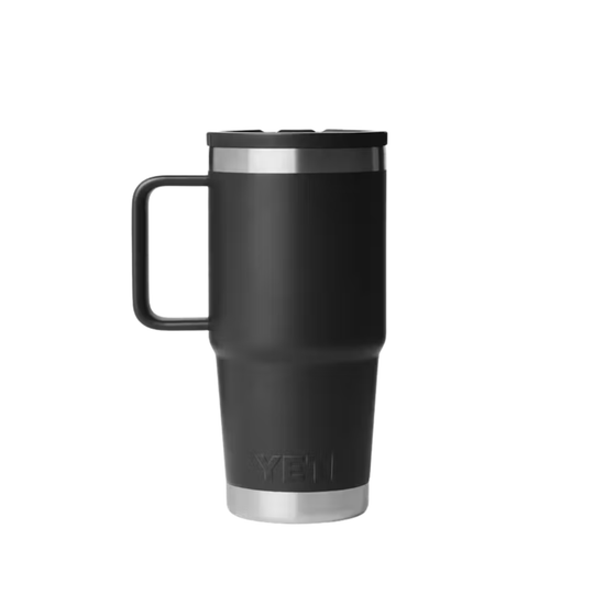 Black travel mug with a silver handle and lid on a white background