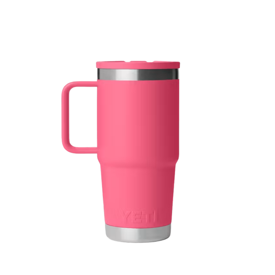 A bright pink travel mug with a matching pink handle and lid, featuring stainless steel accents at the rim and base, on a solid white background.