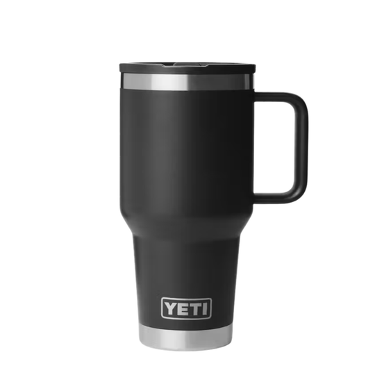 Black YETI mug with a silver rim on a white background