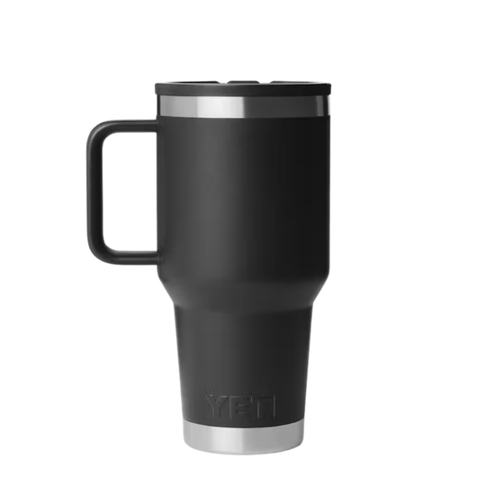 A YETI travel mug in matte black with a stainless steel handle, lid rim, and base, shown on a solid white background.