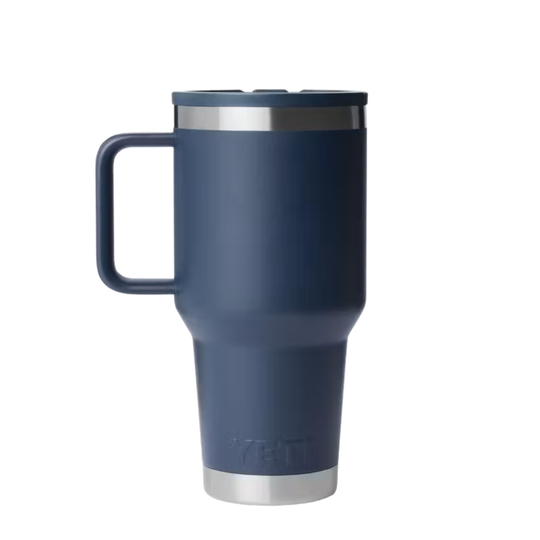 A navy blue YETI travel mug with a stainless steel handle, lid, and base, shown on a solid white background.