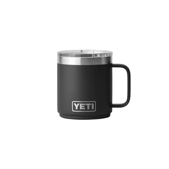 A black YETI insulated travel mug with a stainless steel rim, clear lid, and black handle, shown against a plain white background.