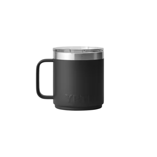 Black insulated mug with silver rim on a white background