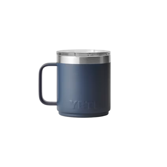 A YETI insulated mug in a matte slate blue color with a stainless steel rim and a matching blue handle, shown against a plain white background.