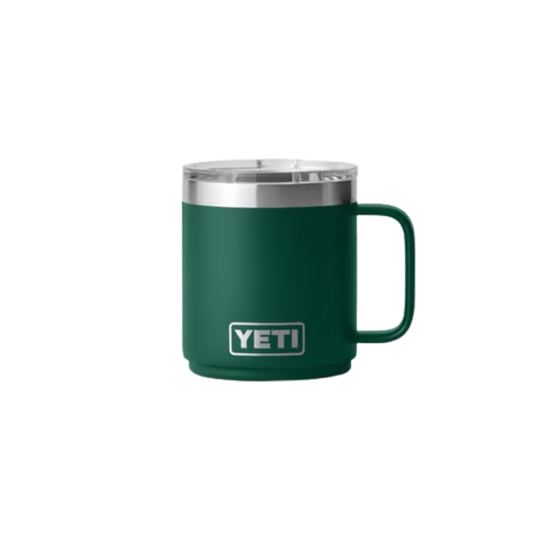 A dark green YETI insulated mug with a stainless steel rim and a matching green handle, shown on a plain white background.