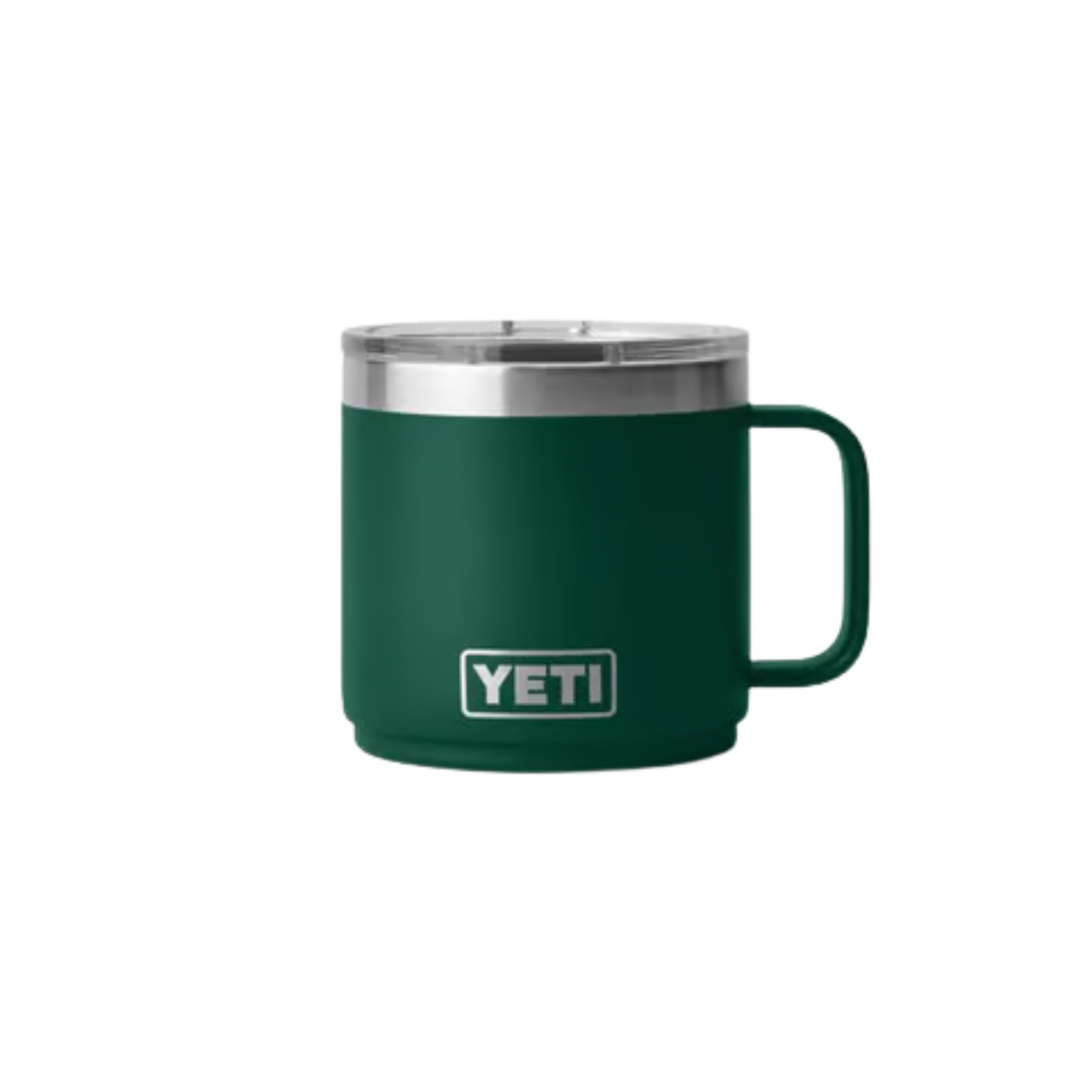 A dark green YETI insulated mug with a stainless steel rim and a matching green handle, shown against a plain white background.