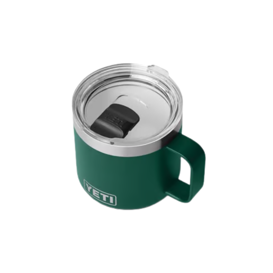 A green YETI insulated tumbler with a clear lid and handle, shown on a plain white background.