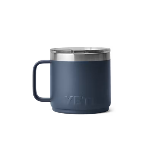 Blue YETI mug with a silver rim on a white background