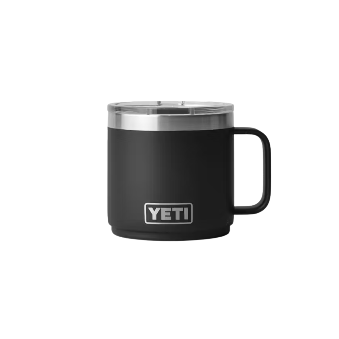 A black YETI insulated travel mug with a stainless steel lid and a black handle, shown against a plain white background.