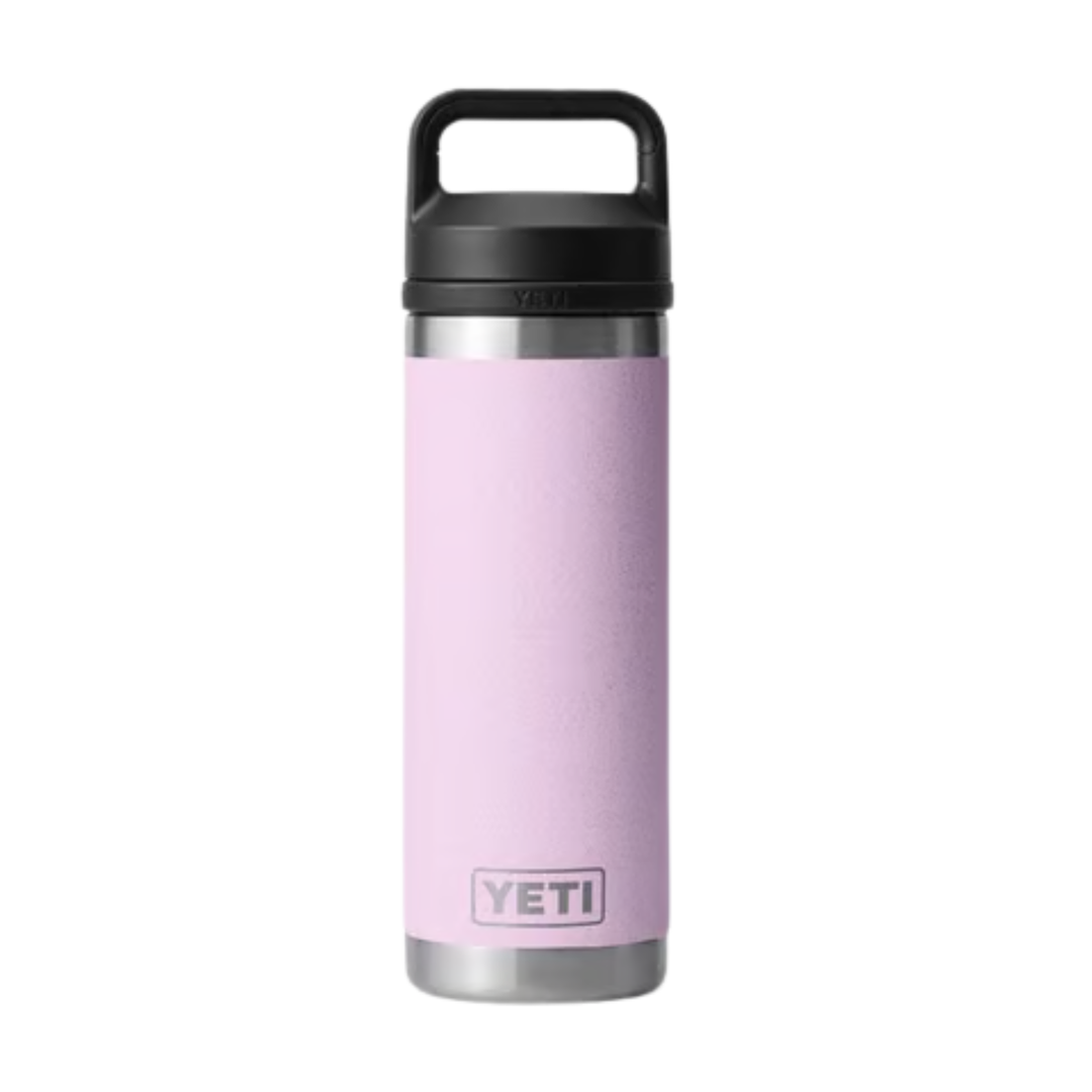 Pink YETI bottle with black lid on a white background