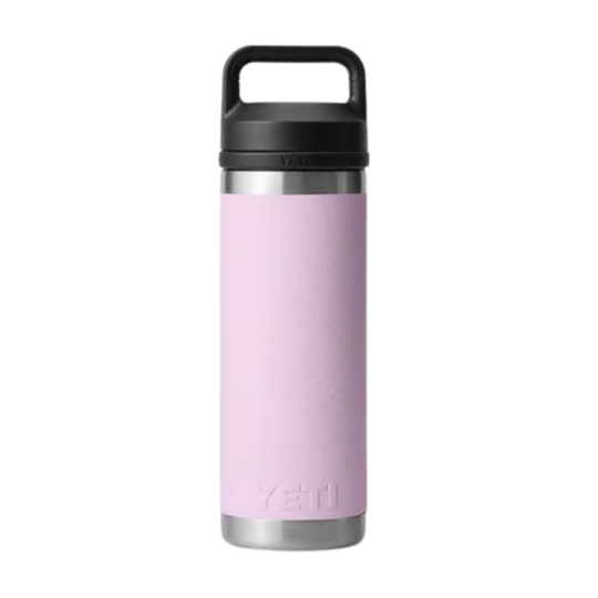 A YETI insulated water bottle with a light pink textured sleeve, a stainless steel base, and a black lid with a carrying handle, shown on a plain white background.