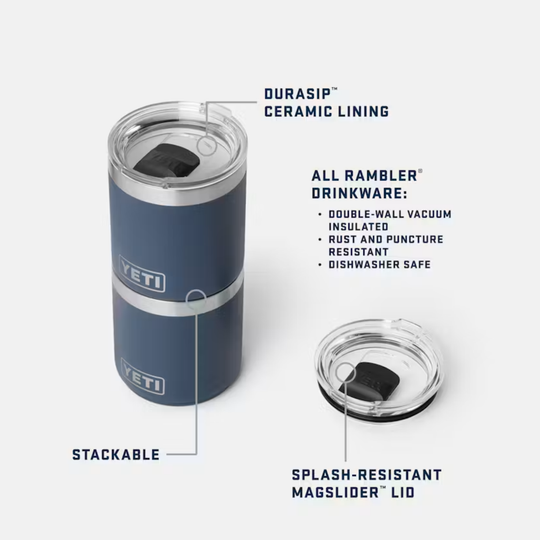 A blue YETI Rambler tumbler with a clear lid and text callouts highlighting DURASIP ceramic lining, stackable design, and splash-resistant MagSlider lid on a light gray background.