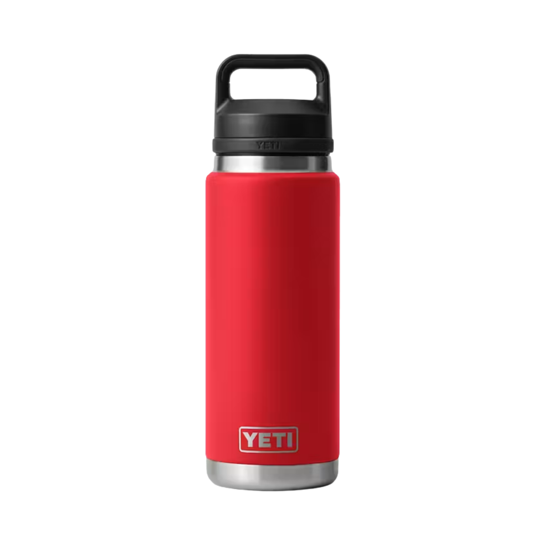 Red YETI water bottle with black lid on a white background