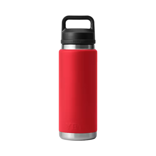 Red water bottle with black lid on a white background