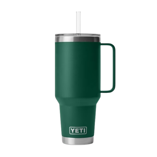 A dark green YETI insulated tumbler with a stainless steel handle, clear lid, and straw, shown against a plain white background.