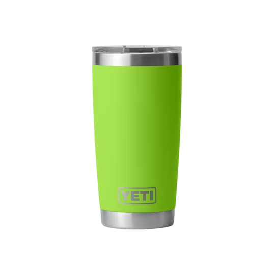 A bright lime green YETI insulated tumbler with a stainless steel lid and base, shown on a plain white background.
