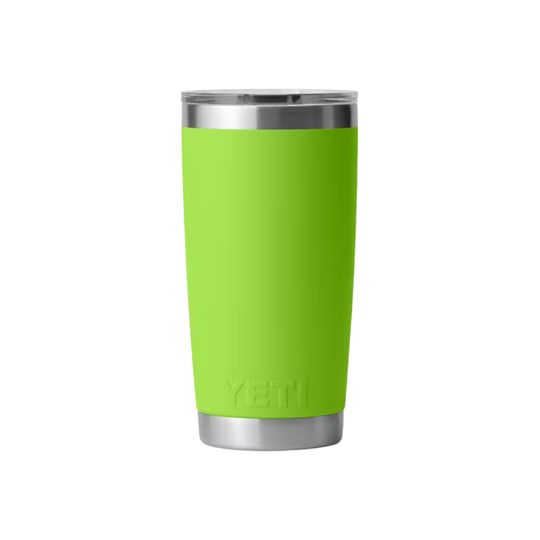 A bright lime green Yeti travel tumbler with a stainless steel rim and base, shown on a plain white background.