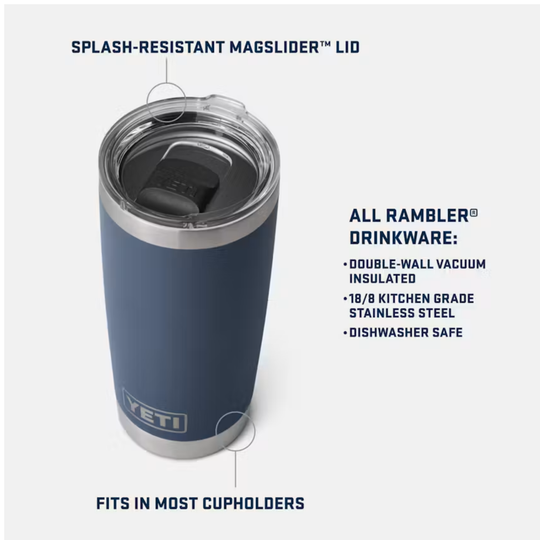A navy blue YETI Rambler tumbler with a clear splash-resistant lid, shown on a light gray background with callout lines and text describing features and materials.