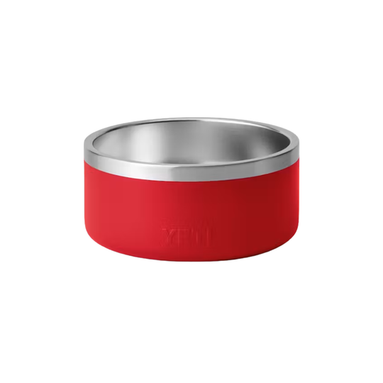 A pet bowl with a matte red exterior and a polished stainless steel interior, shown on a plain white background.
