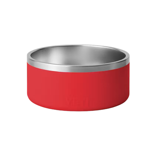 A red pet bowl with a brushed silver stainless steel rim and interior, shown on a plain white background.