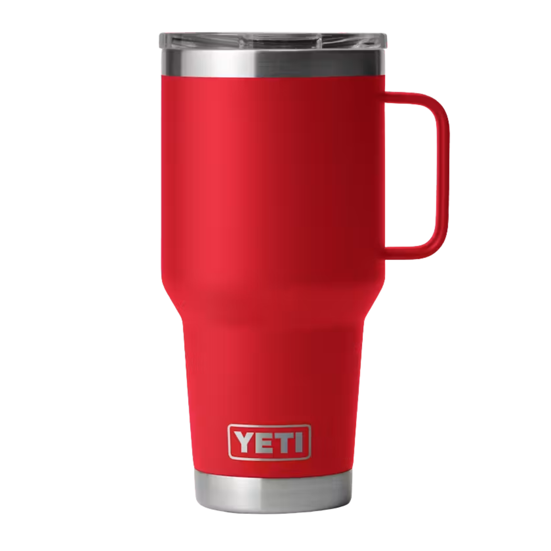 A red YETI insulated travel mug with a stainless steel lid and base, featuring the YETI logo on the front, set against a plain white background.