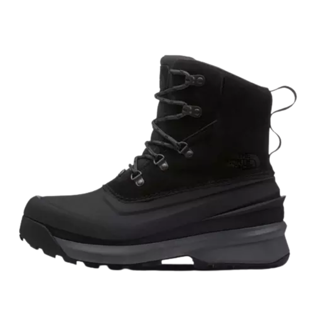 A single black mid-calf lace-up boot with a rugged sole, shown in profile against a plain white background. The logo on the side indicates The North Face.