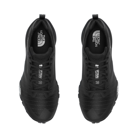 A pair of black The North Face Ultra Trail running shoes shown from a top-down view on a plain white background.