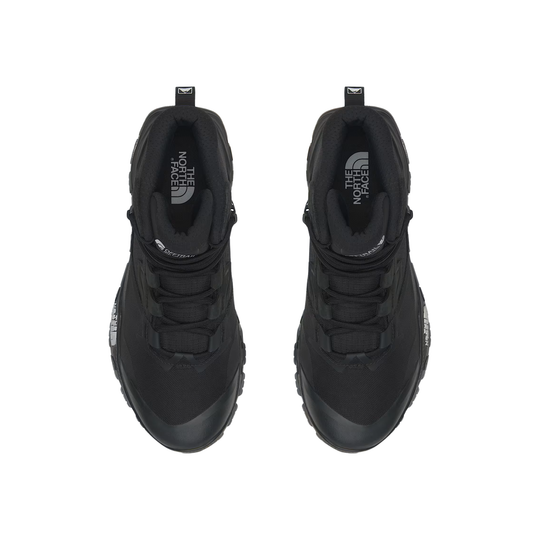 A pair of black The North Face hiking boots shown from a top-down view on a plain white background.