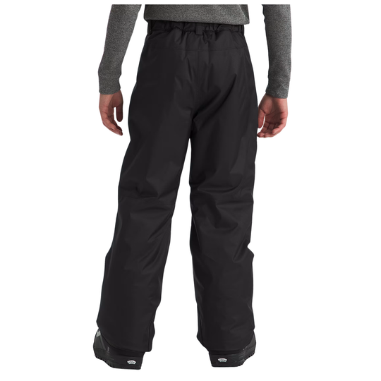 Black snow pants shown from the back on a model wearing a gray long-sleeve shirt, against a plain white background.